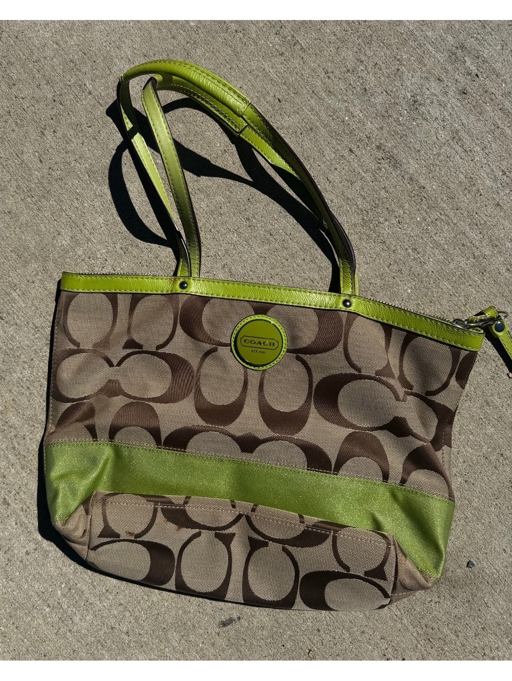 Coach Khaki Apple Lime Green Jacquard Leather Tote Purse NWT F15112 100% AUTH